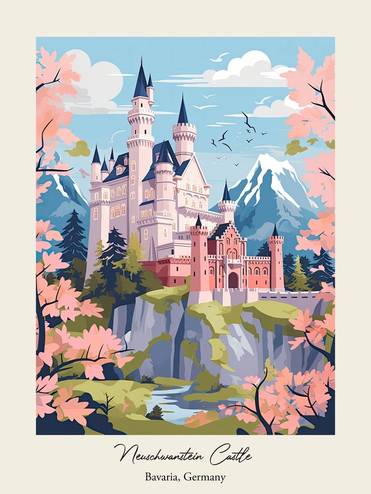 Neuschwanstein Castle Bavaria, Germany Niedliche botanische Illustration Reiseposter 0