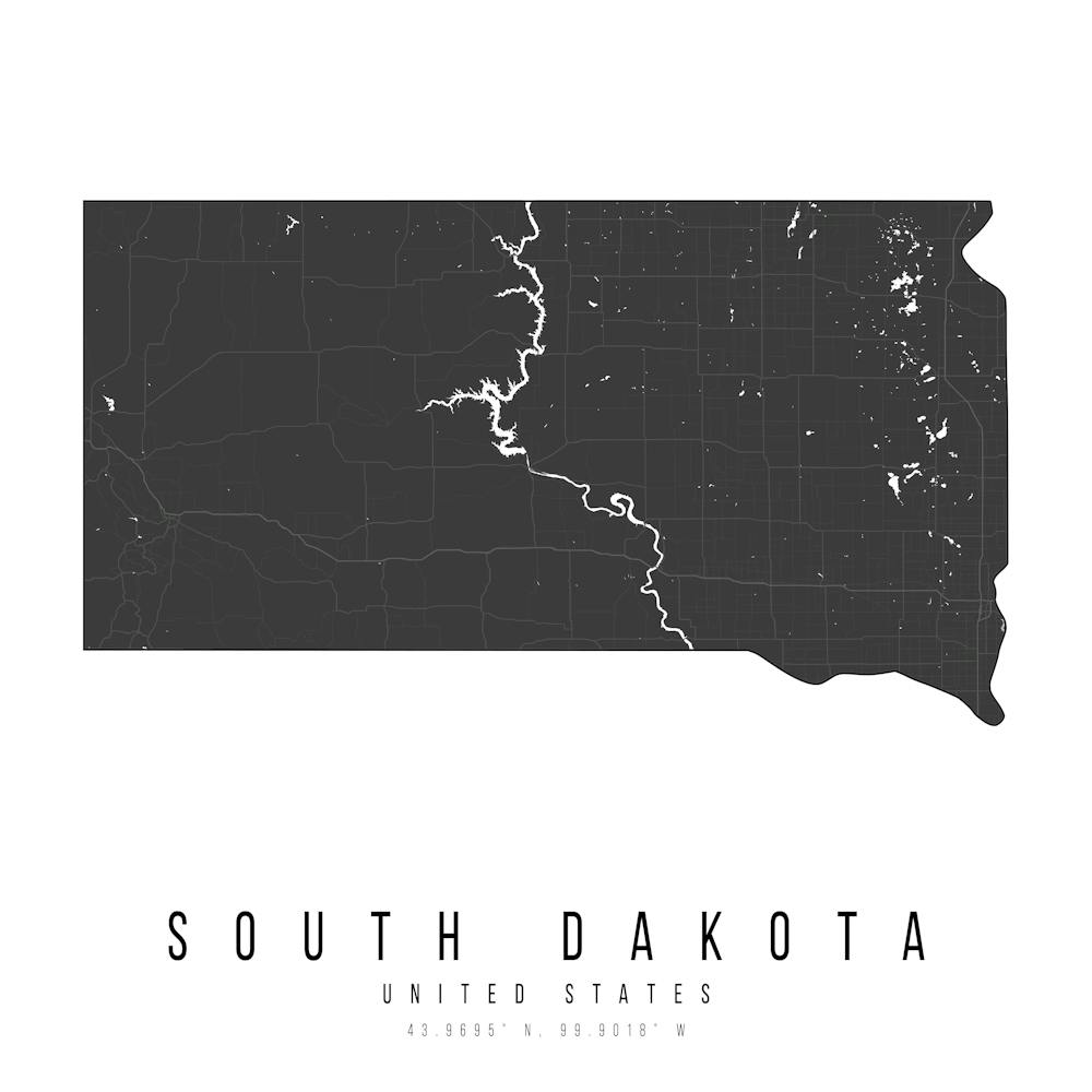 South Dakota Mono Black And White Modern Minimal Street Map Square