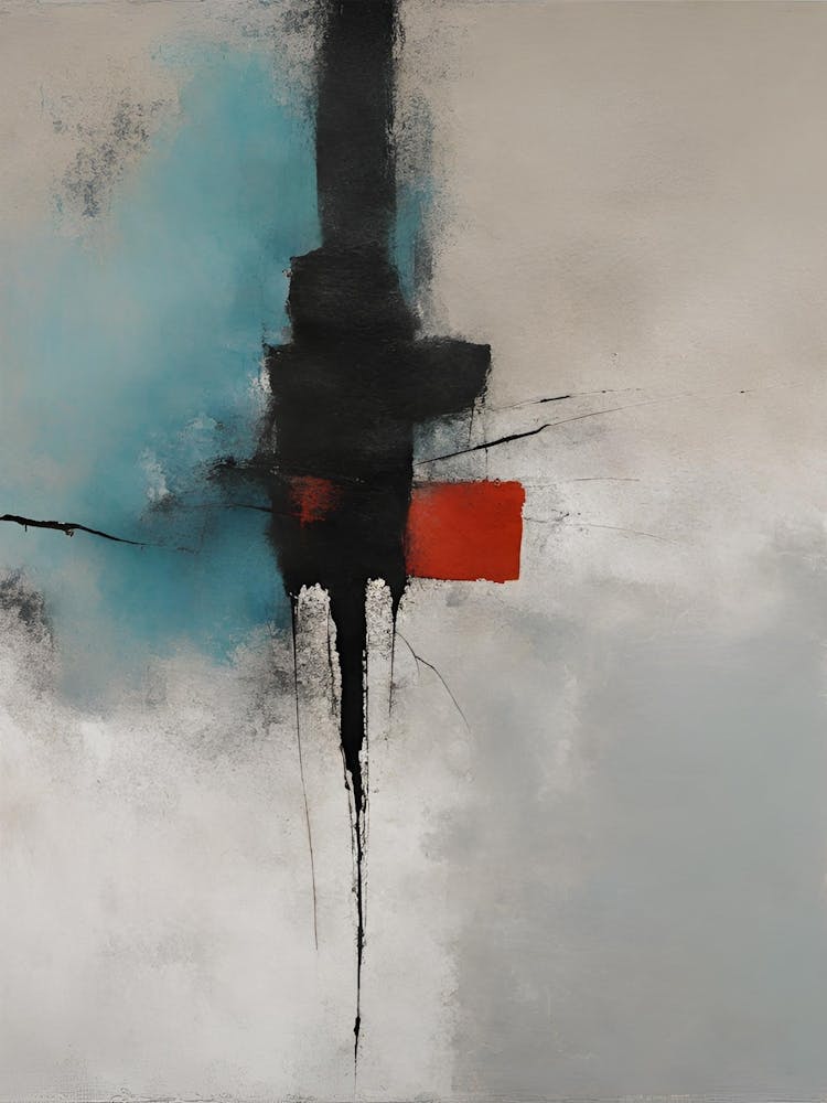 Abstract Japanese Ink Painting blue, black and red artwork Wabi-sabi Japandi Scandi Decor