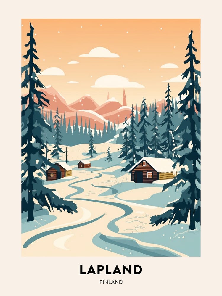 Vintage Winter Travel Poster Lapland Finland 1