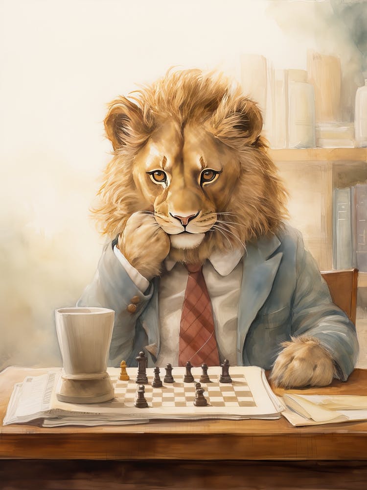 Playing Chess Watercolour Lion Art Painting 1