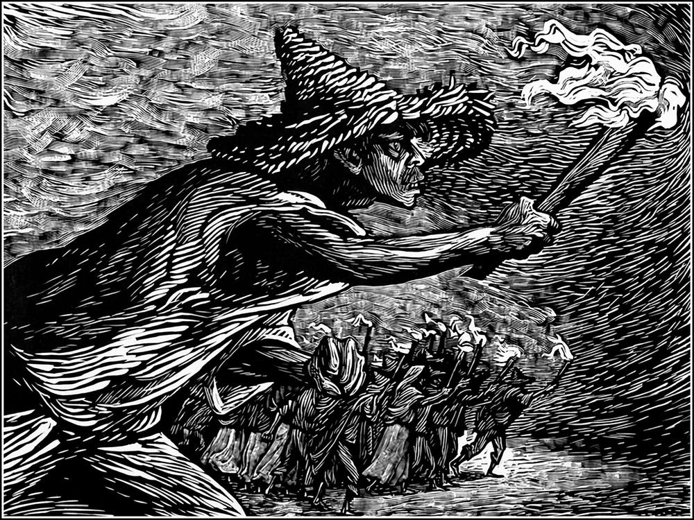 The Torches 1947 Vintage Lithograph Engraving by Leopoldo Mendez Graphic Designer - Remastered High Definition Also Known As 'Las Antorchas' Mexican Witch Hunter Running Townspeople Gothic Dark Aesthetic Witchcraft Witchy Horror High Definition 1