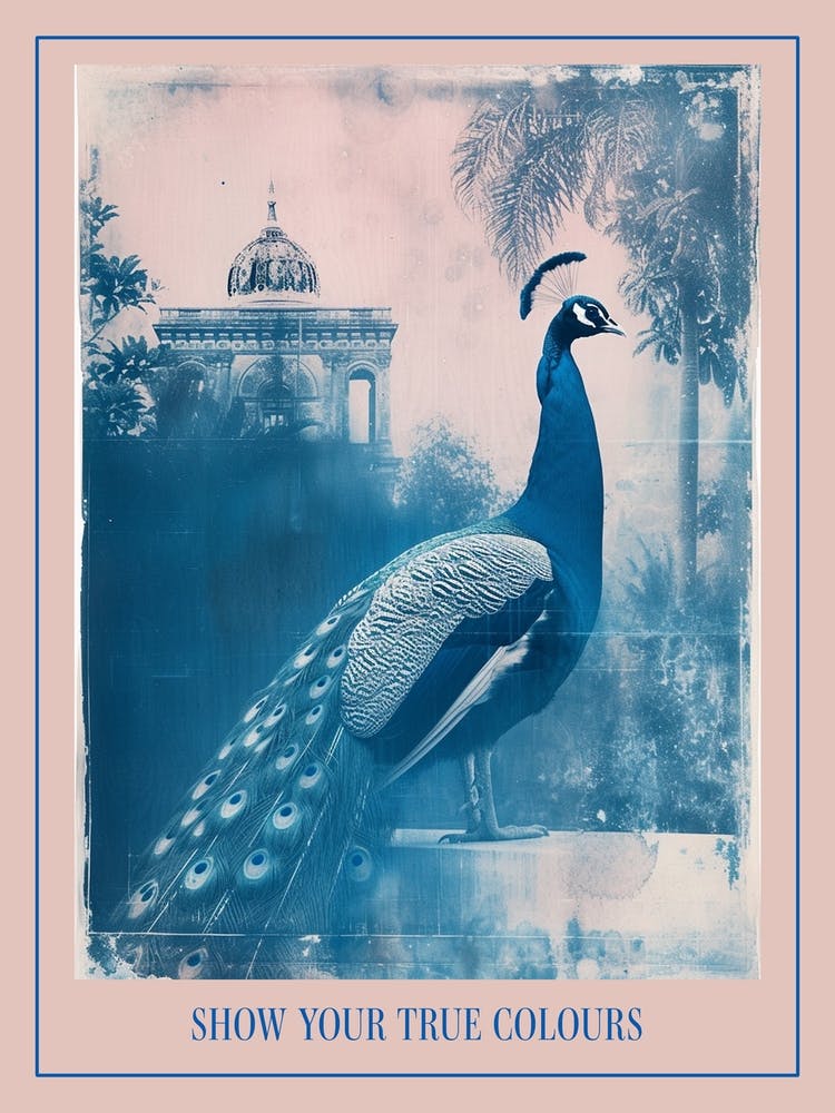 Peacock In A Tropical Garden Cyanotype Inspired Poster