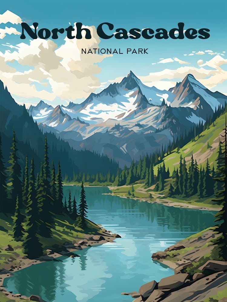 North Cascades National Park Washington Adventure Modern Travel Illustration