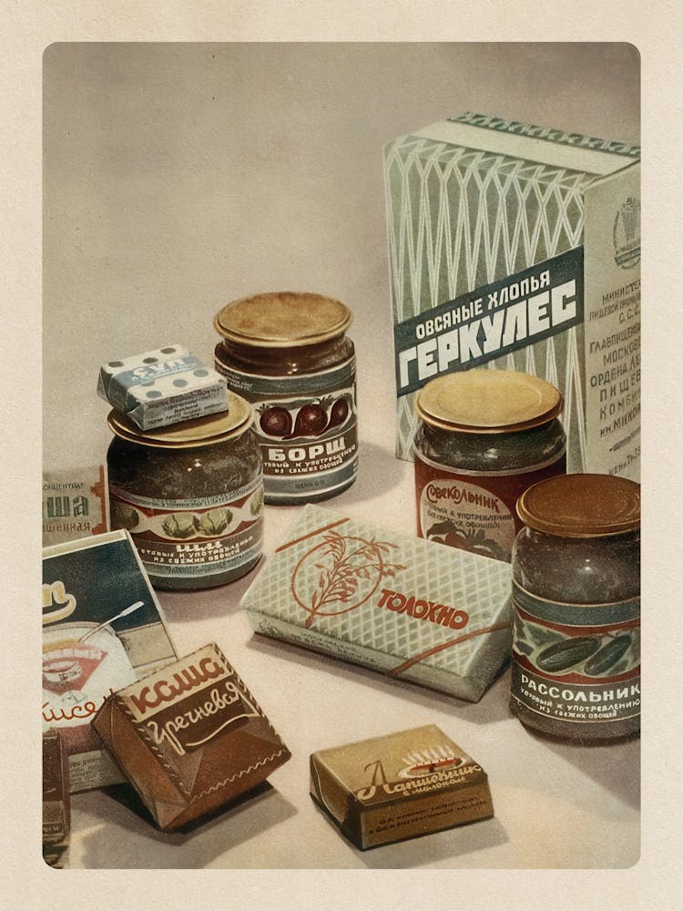 Sowjetischer Haferbrei — Sowjetisches Vintage-Lebensmittelposter, Küchendrucke, Retro-Kunstdruck, Propagandaposter