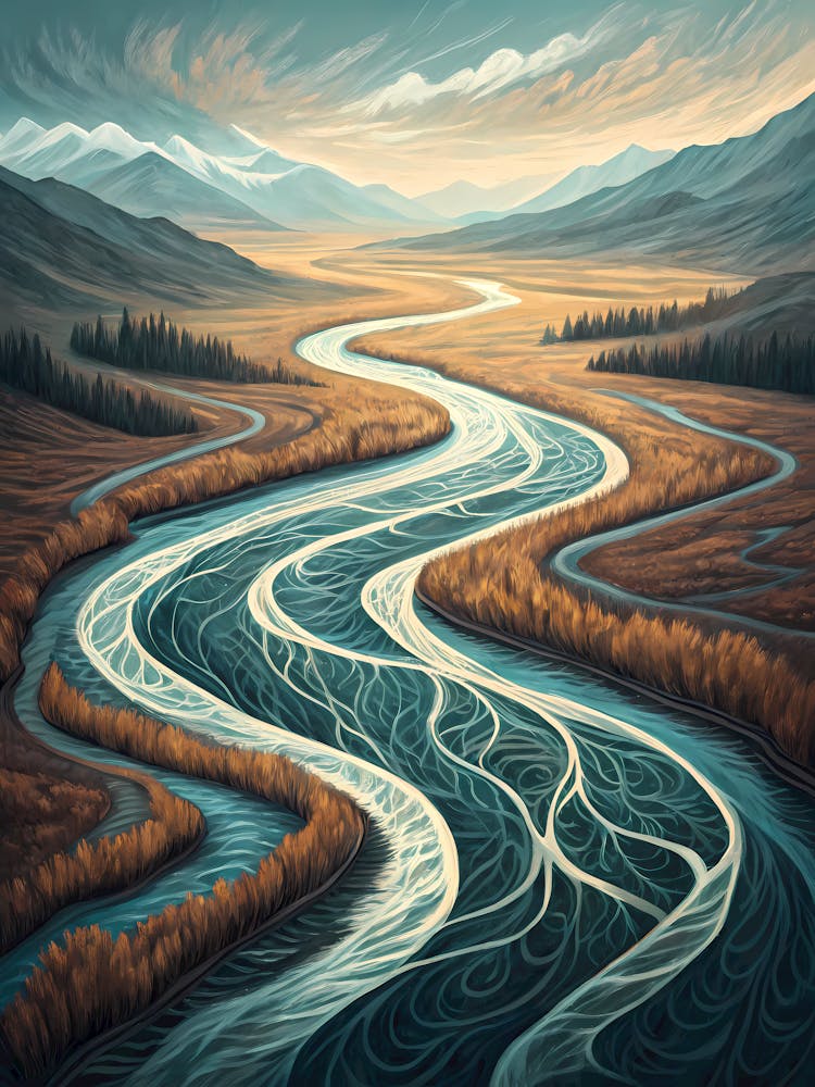 Meandering River Valley oil Painting Abstract Landscape with Mountains and Forest