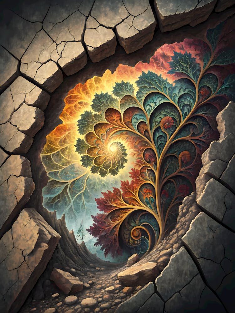 A Fractal Pattern Bursting Out of a Wall Oil Painting Style