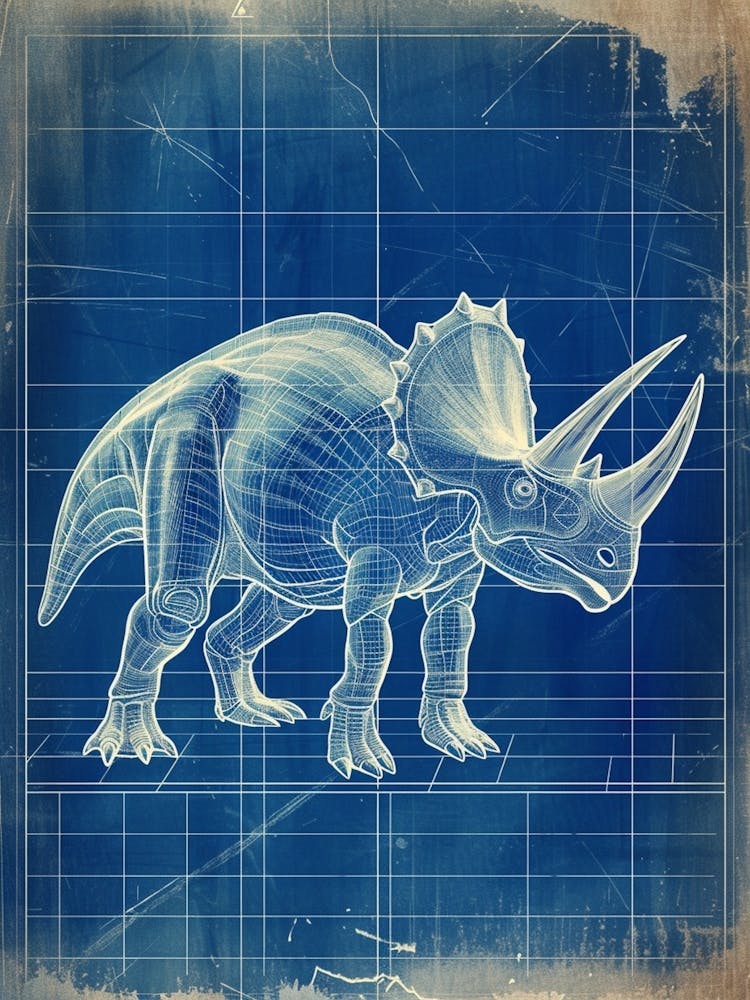 Triceratops Dinosaur Blue Print Sketch 1