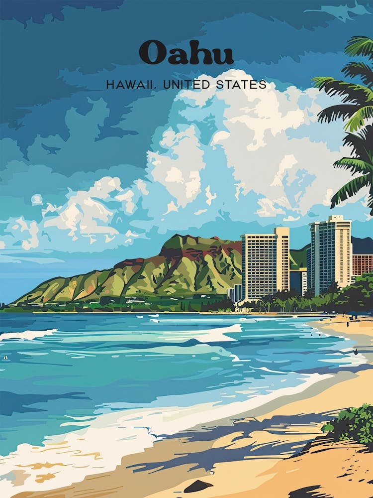 Oahu Hawaii Diamond Head Illustration d'Art de Voyage