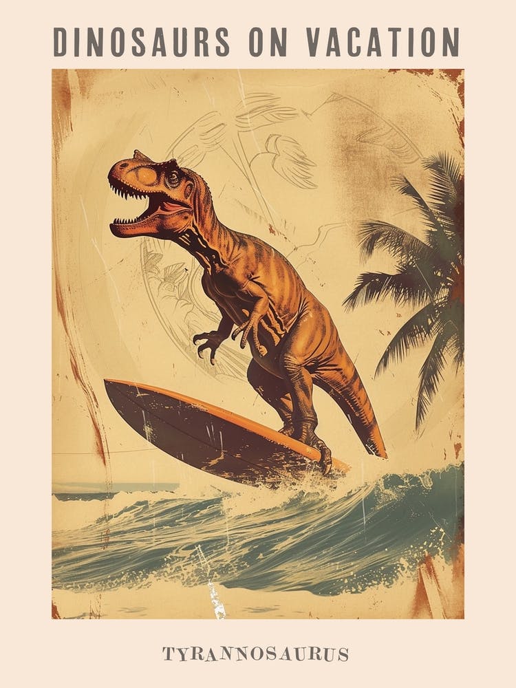 Vintage Tyrannosaurus Dinosaurier auf einem Surfbrett 1 Poster