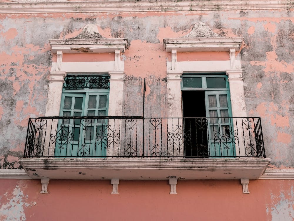 Pink Farcade With Mint Doors Campeche Mexico