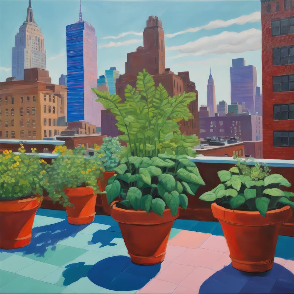 Rooftop Garden New York Series. Style of David Hockney