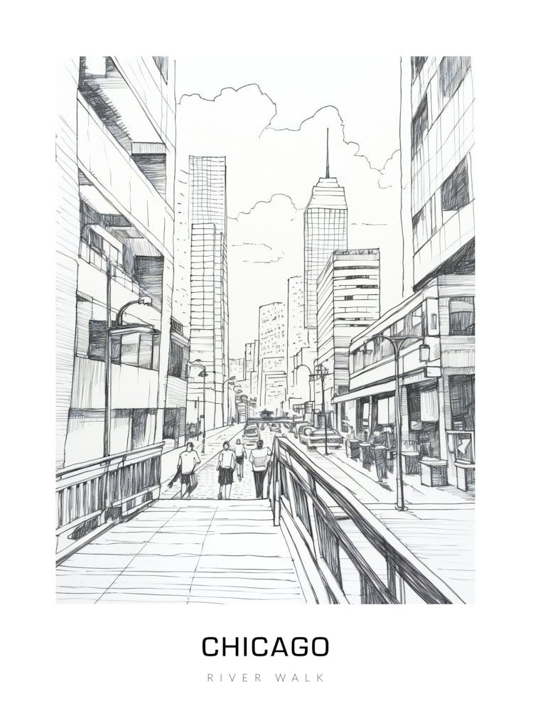 River Walk, Chicago B&W Poster