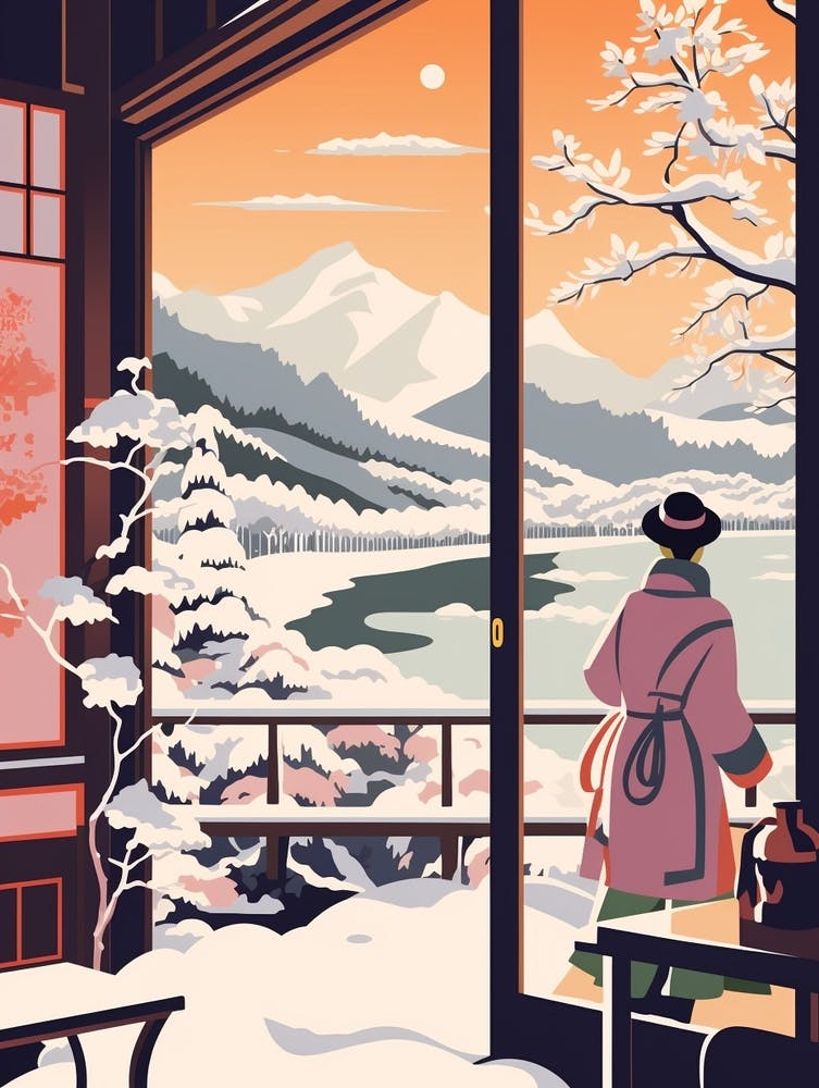 Vintage Winter Travel Illustration Nagano Japan 1