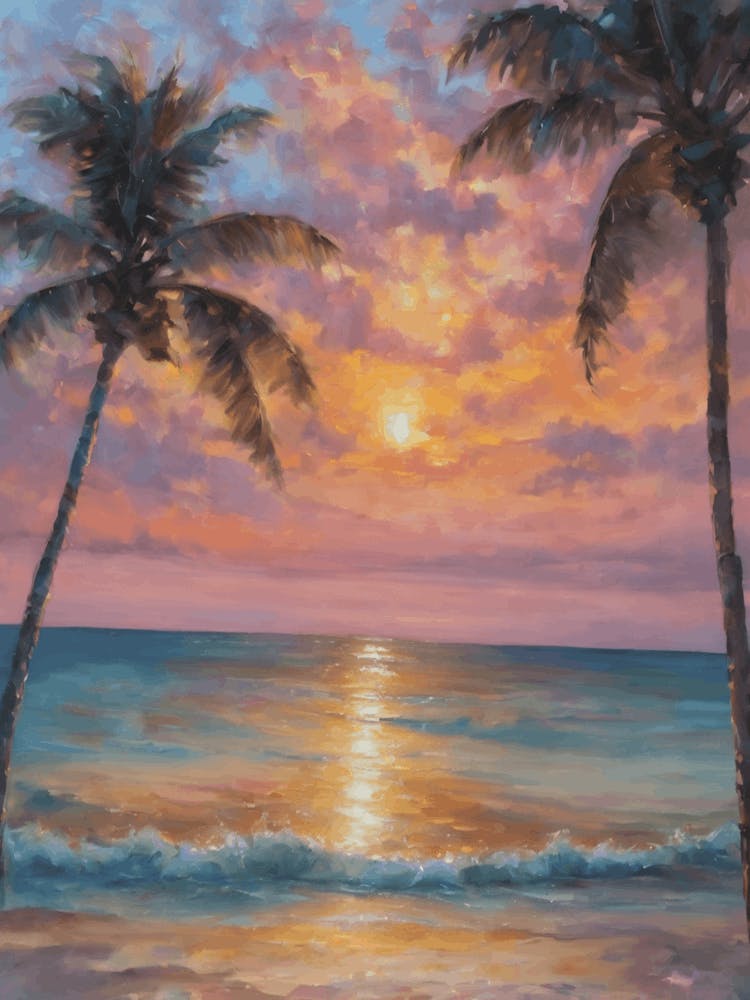 Pastel Sunrise Over Key West Florida - Ocean Coastal Oil Painting Dreamscape With Palm Trees