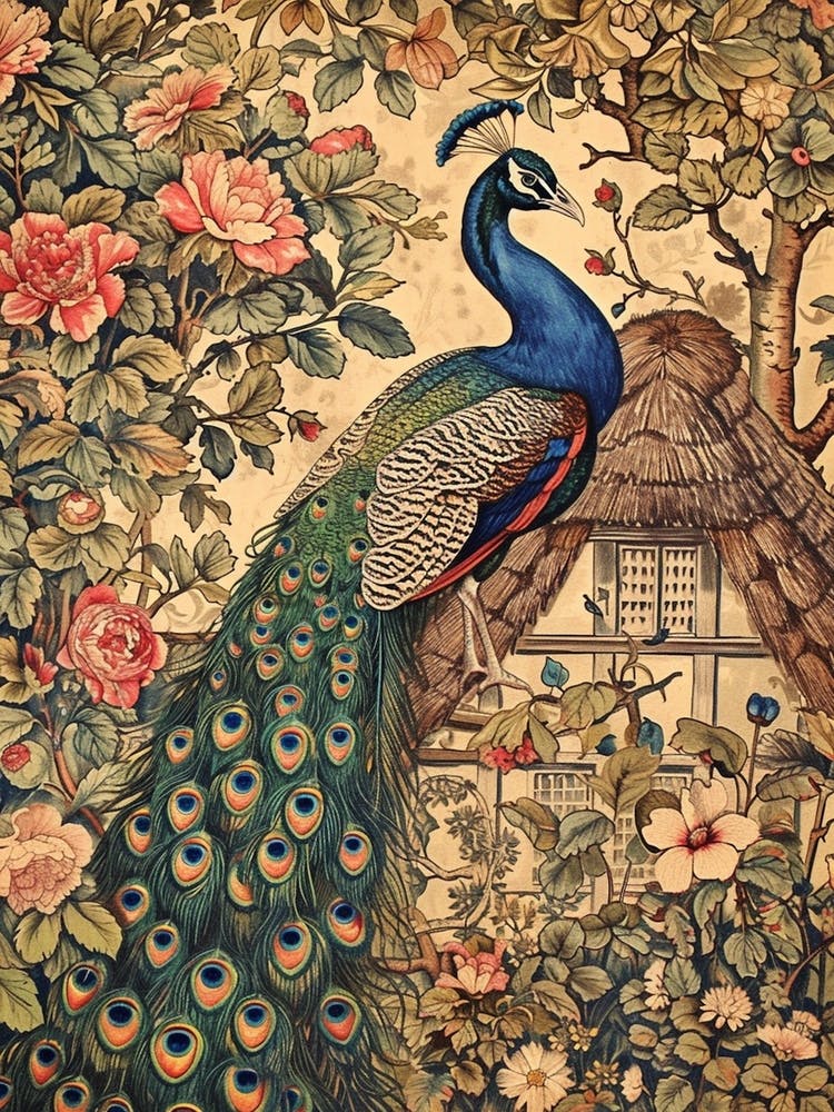 Vintage Peacock Wallpaper Outside A Thatched Cottage 2
