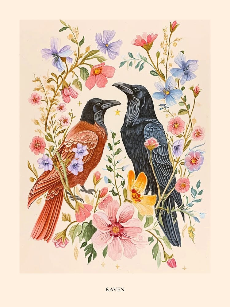Folksy Floral Animal Drawing Raven Poster