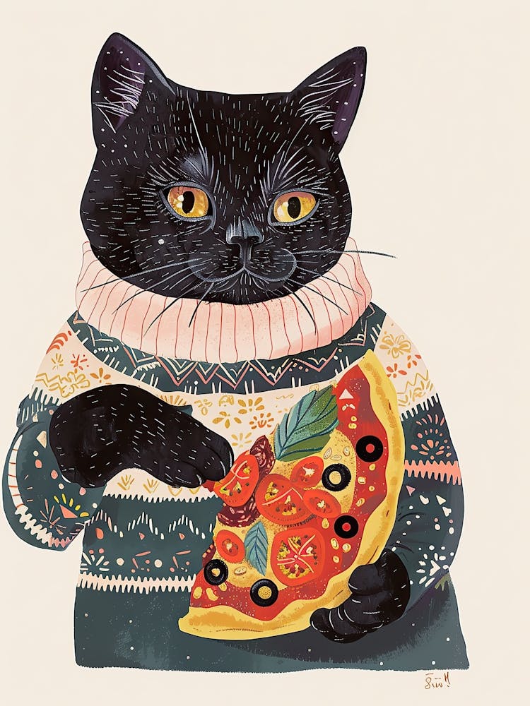 Cute Black Cat Eating A Pizza Slice Folk Illustration 2
