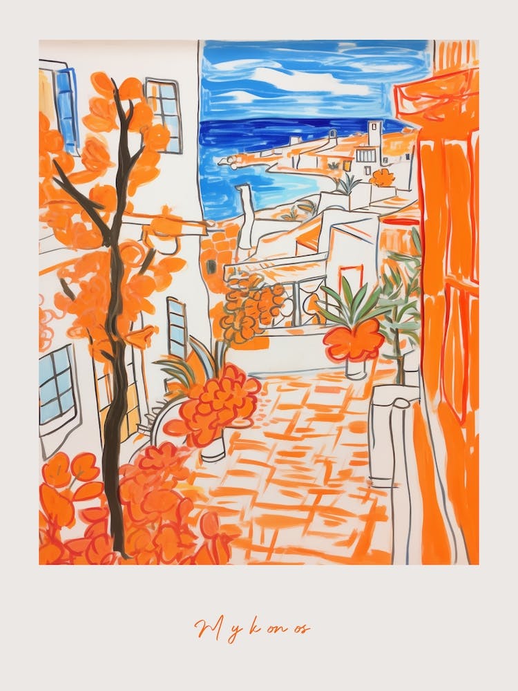 Mykonos Greece 2 Orange Drawing Poster