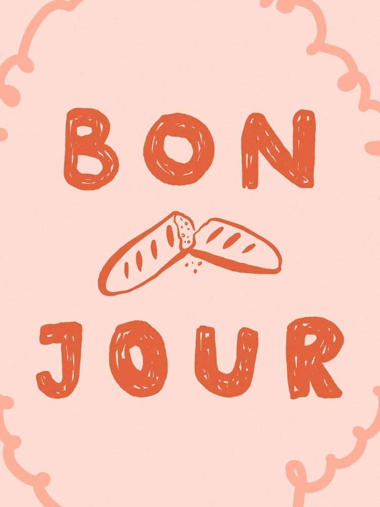 Bonjour Baguette. Whimsical Illustration with French Quote