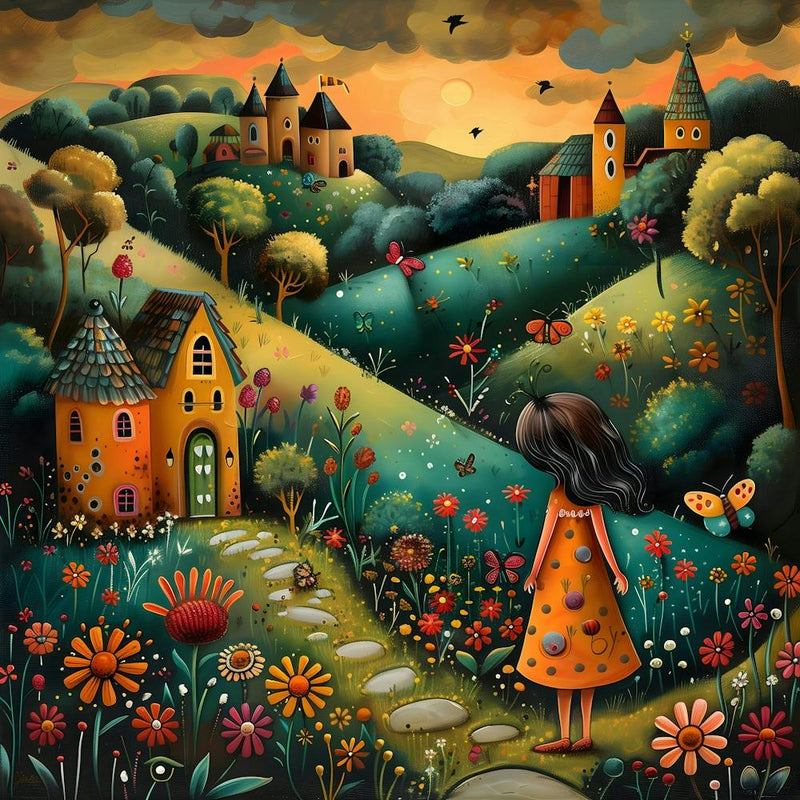 Little Girl In The Garden, Naive, Whimsical, Folk