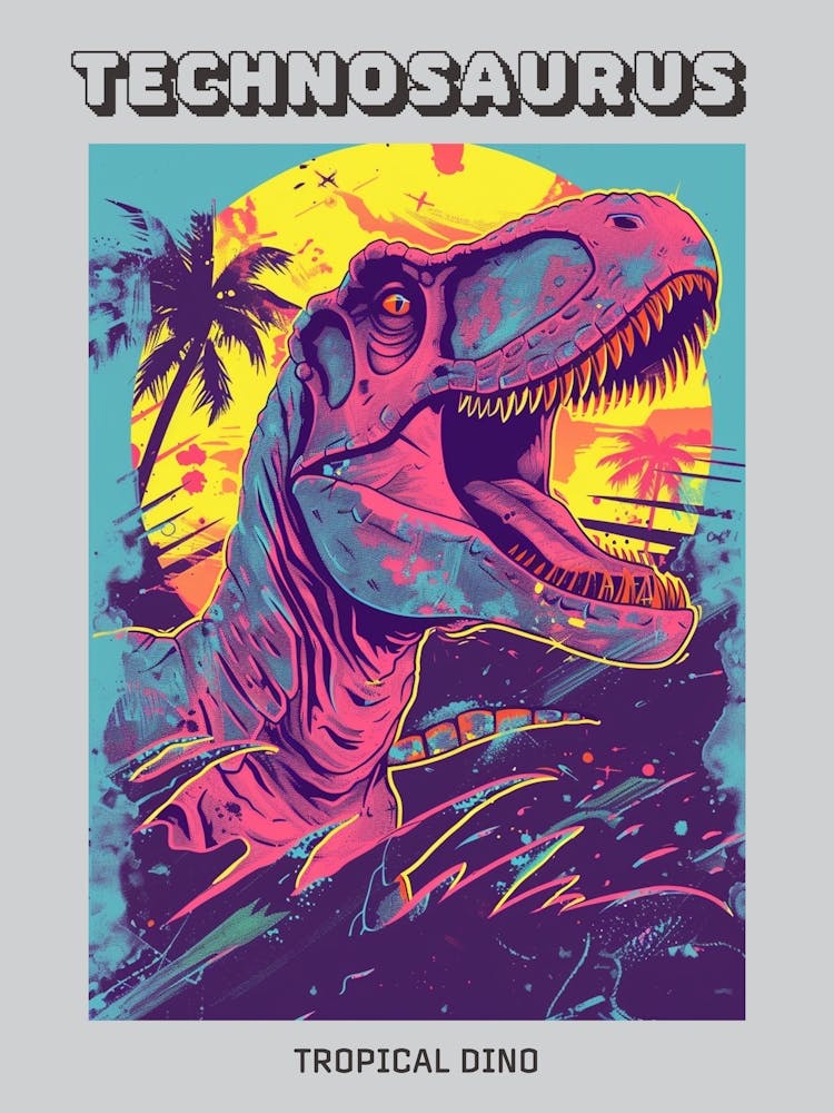 Neon Graphic Palm Tree Dinosaur Portrait Poster