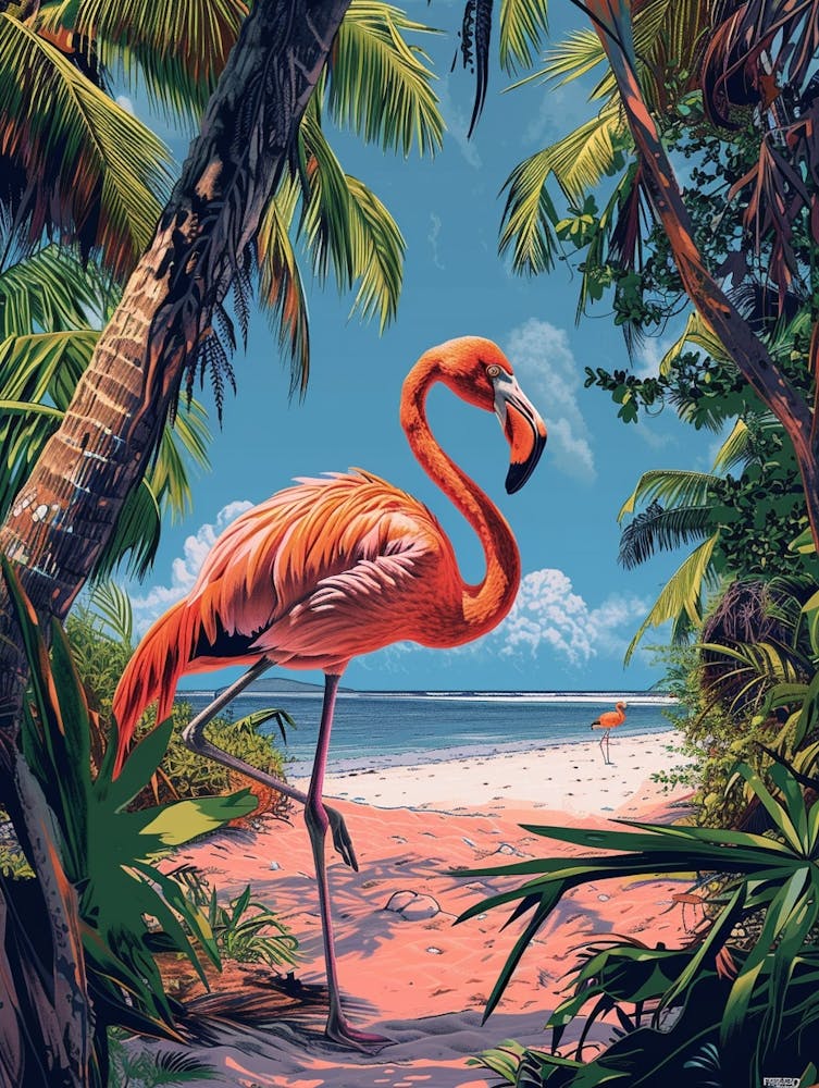 Greater Flamingo Flamingo Beach Bonaire Tropical Illustration 1