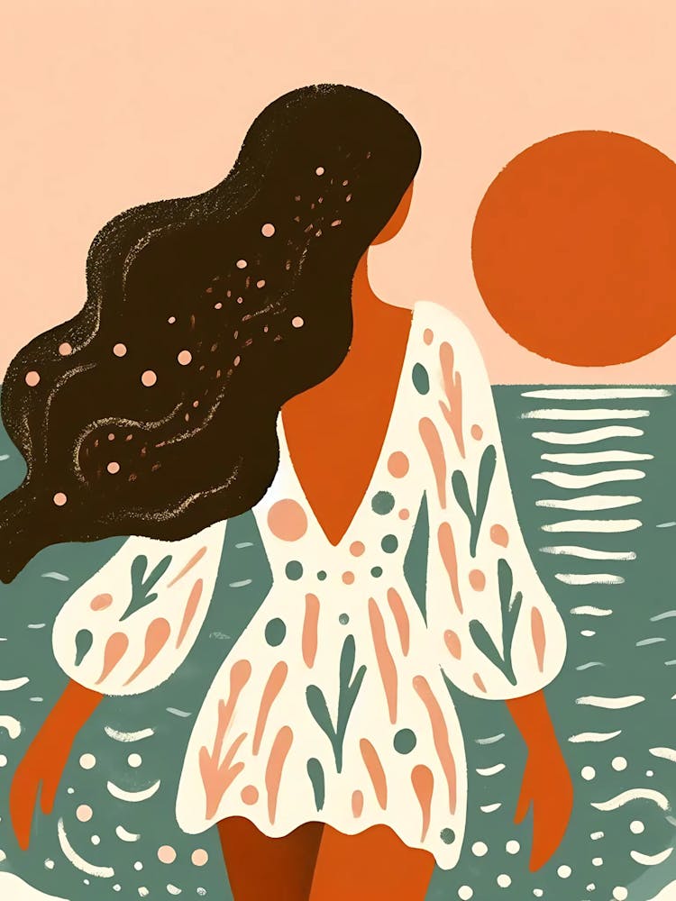 Brunette Woman At The Beach illustration - Into The Water I Go