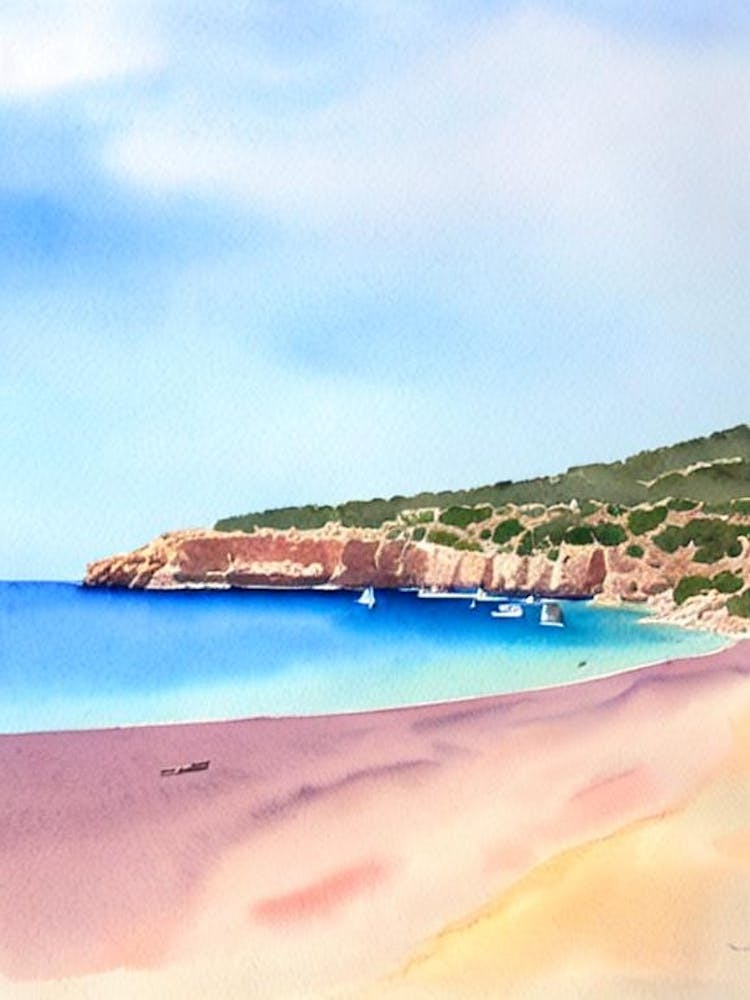 Cala Comte Beach 2, Ibiza, Spain Watercolour