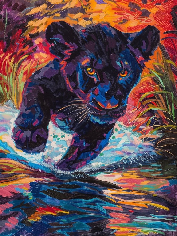 Black Lion Crossing A River Fauvist Painting 4