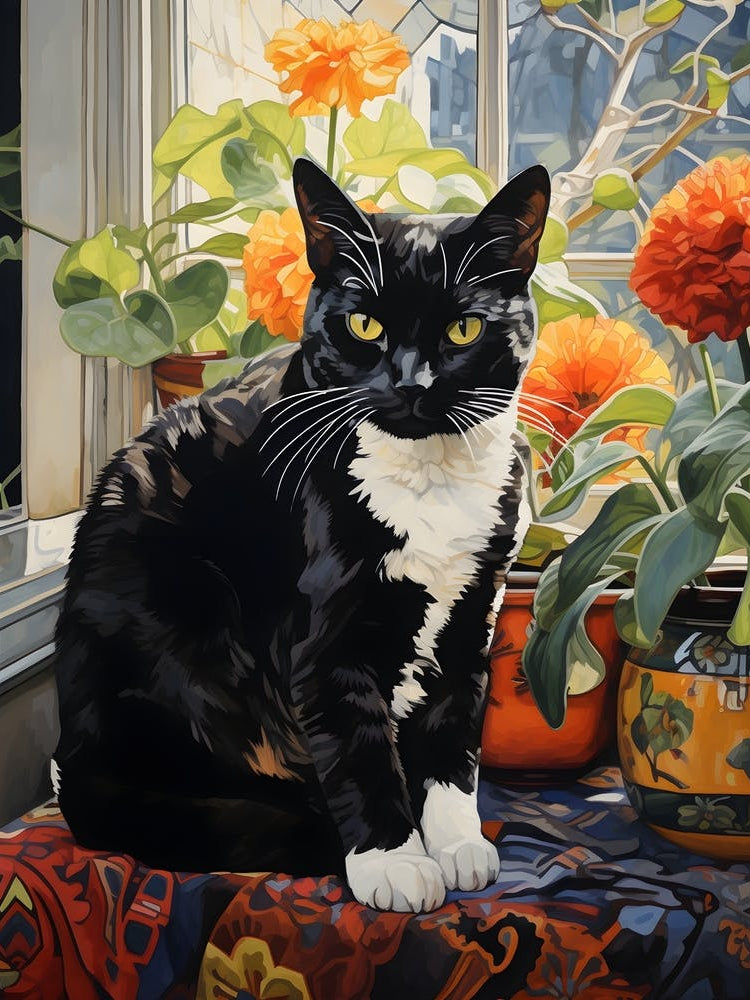 Contemporary Floral Cat On Windowsill 2