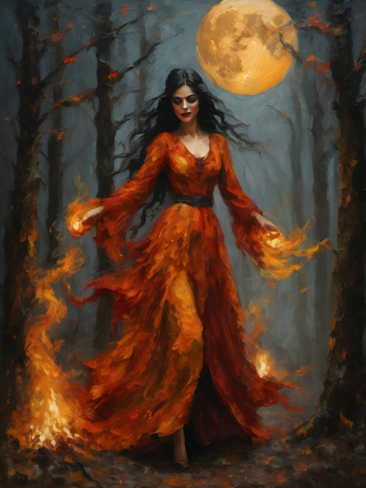 Fire Goddess - Pagan Element of Fire Witchcraft Oil Painting Summoning on a Full Moon Wicca Witchcore Powerful Woman