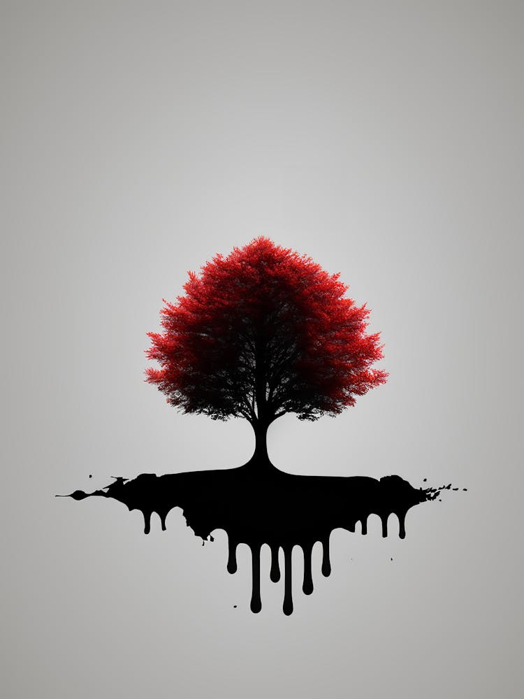 Minimalist Tree with Dripping Roots and Red Leaves