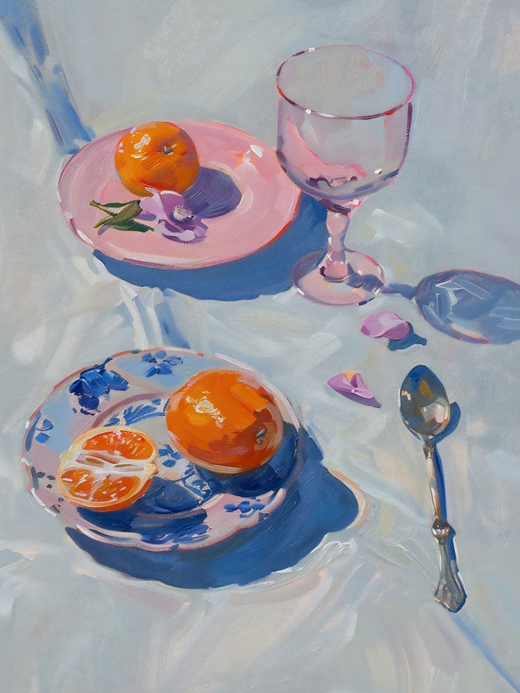 Oranges On Plates, Soft Pastel Colors