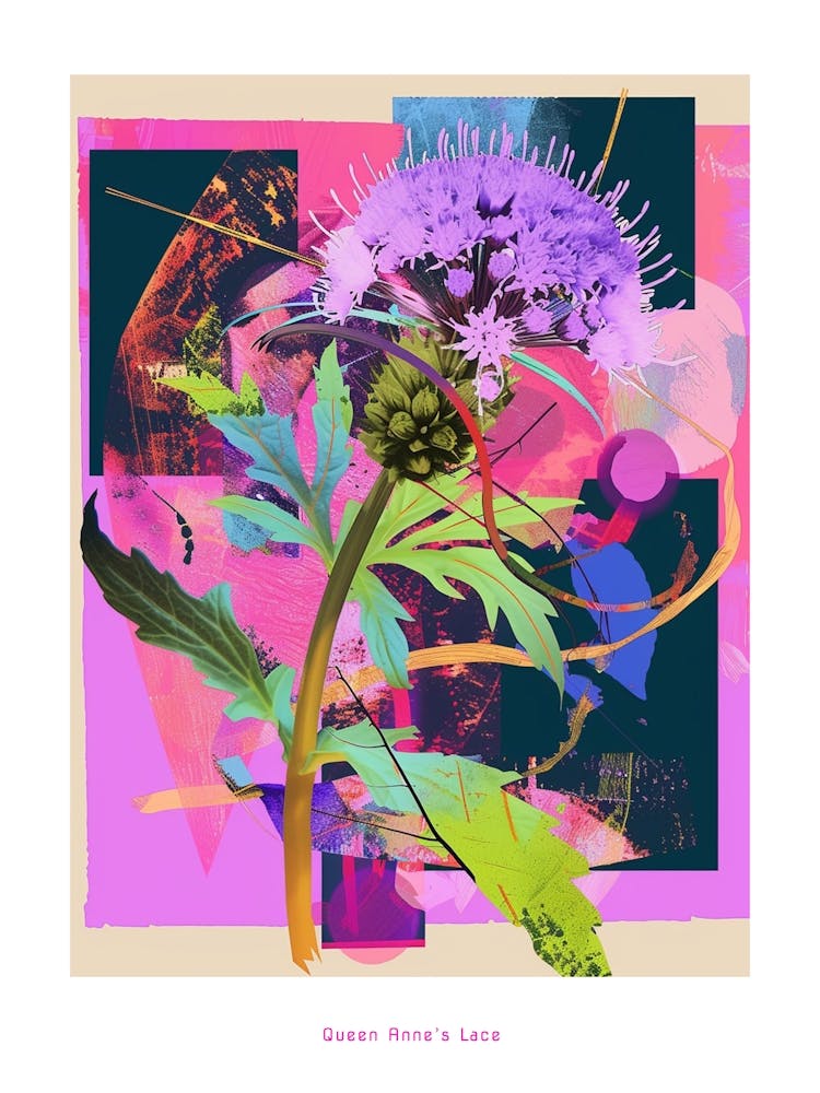 Queen Anne S Lace 2 Neon Flower Collage Poster