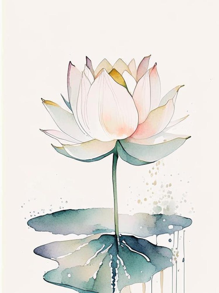 Blooming Lotus Flower In Pond Minimal Watercolour 4