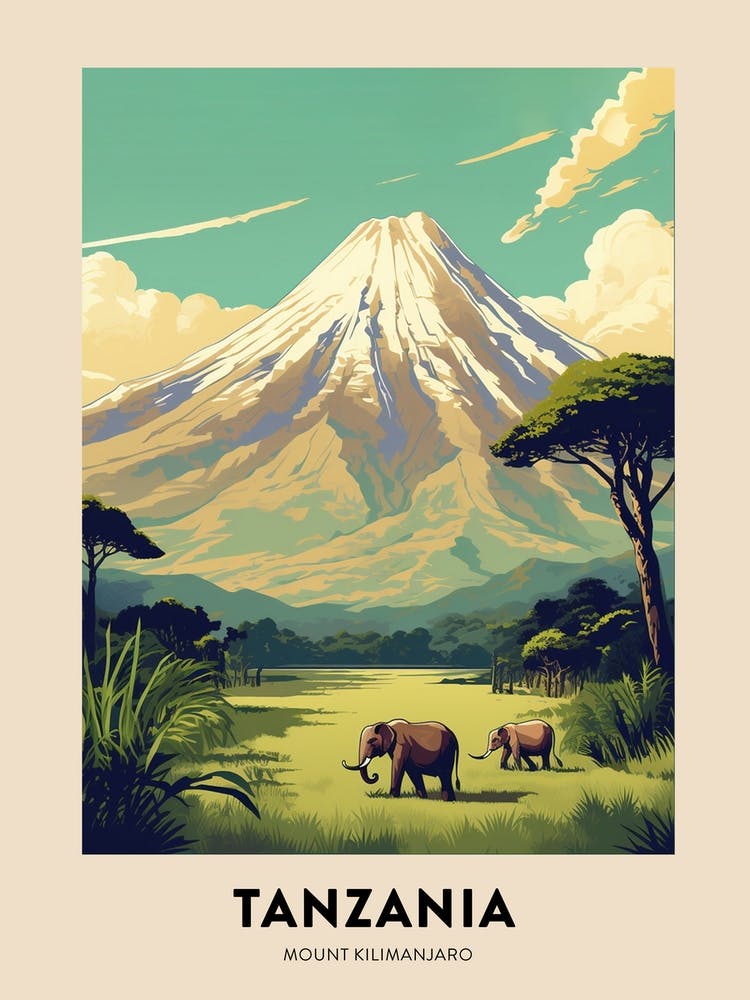 Mount Kilimanjaro Tanzania 1 Vintage Hiking Travel Poster