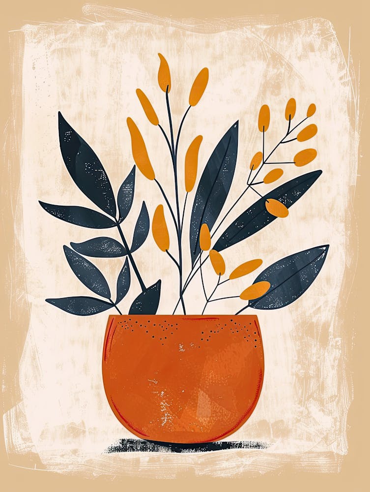 Orange Pot With Flowers, Minimalist