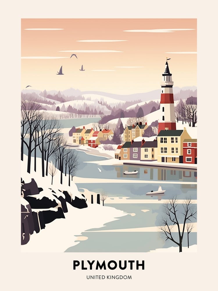 Vintage Winter Travel Poster Plymouth United Kingdom