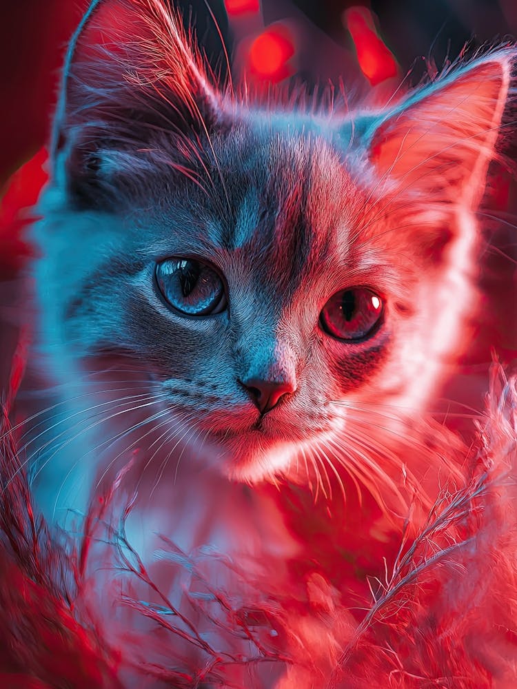 Cute Kitten In Red And Blue