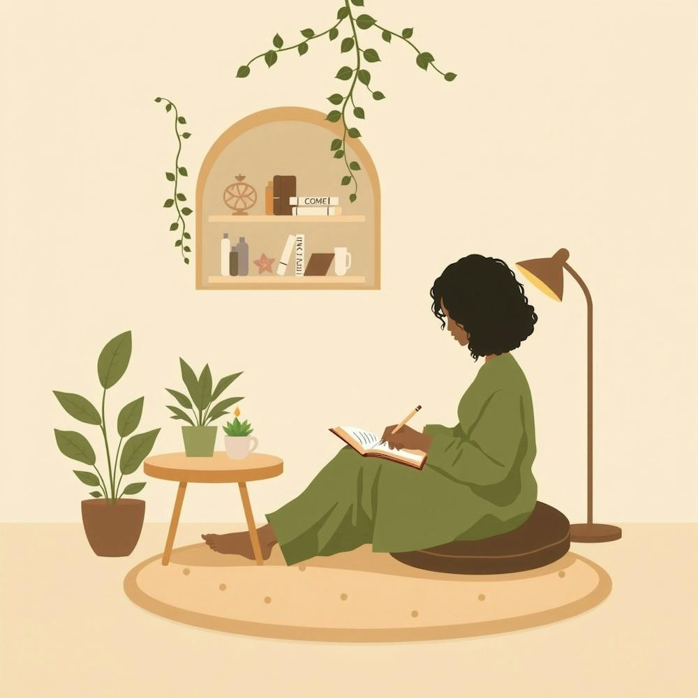 Femme Lisant Un Livre - Endroit douillet - Femme Lisant Dans Le Salon - Journaling dans un carnet - Journaling la vie
