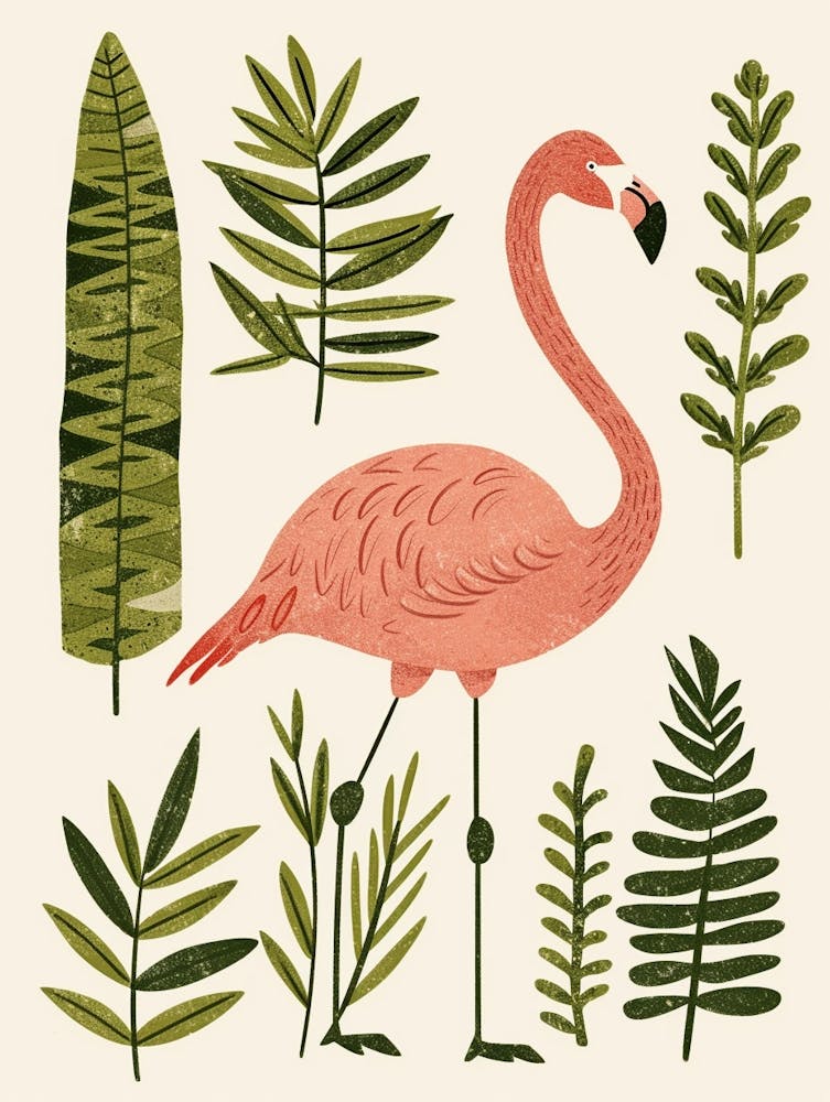 Chilean Flamingo Ferns Minimalist Illustration 1