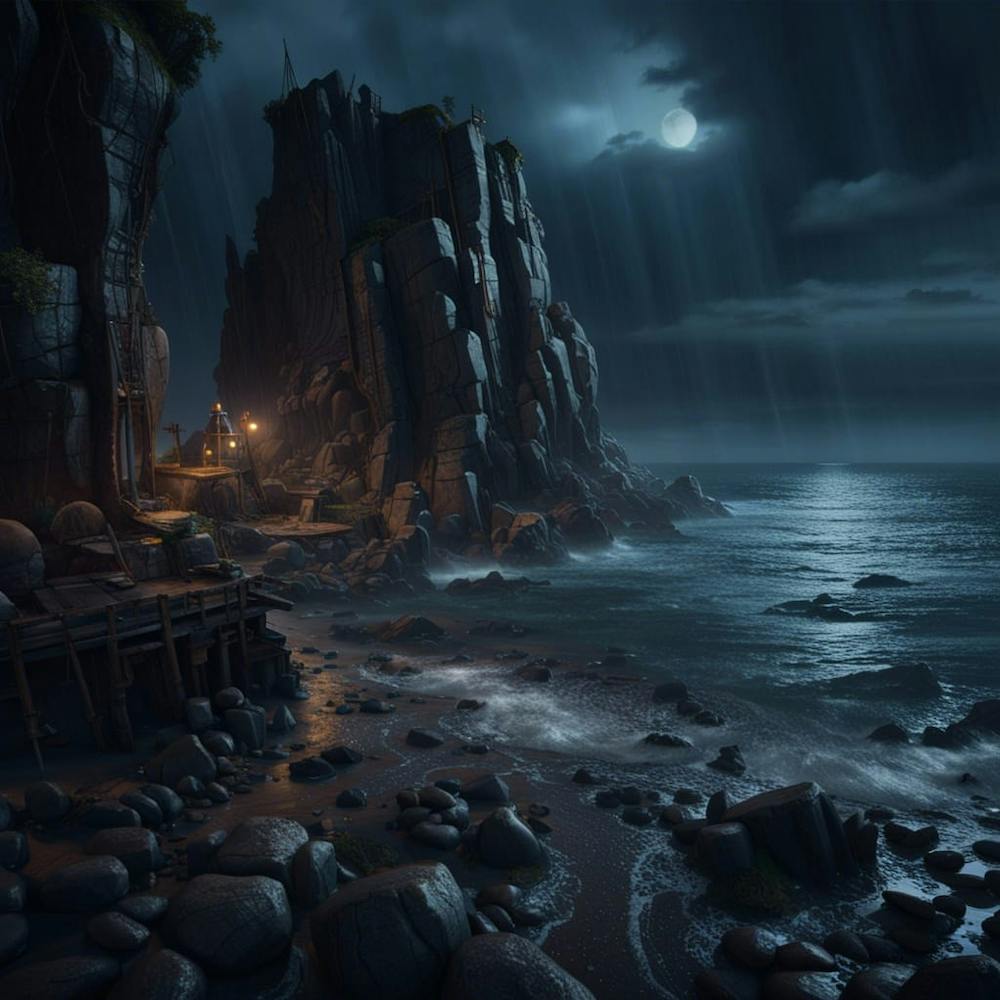 Rocky Shore At Night
