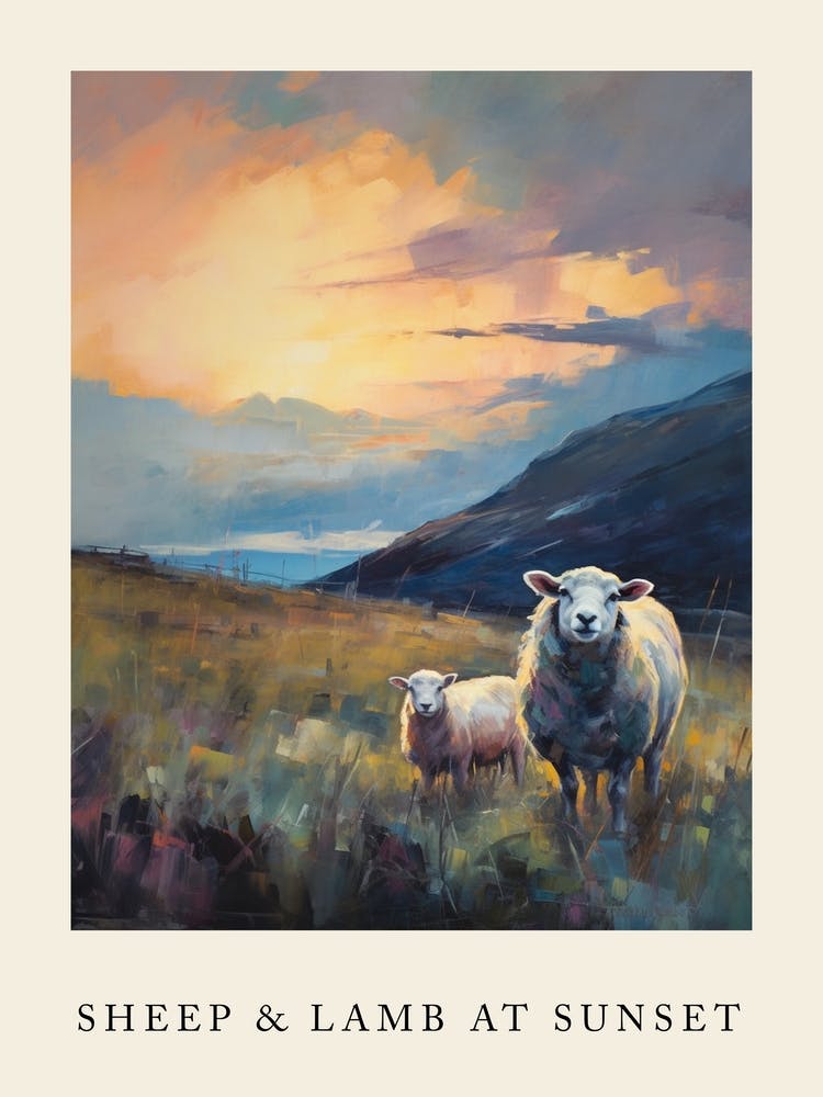 Sheep & Lamb At Sunset Impressionism Painting Style 2