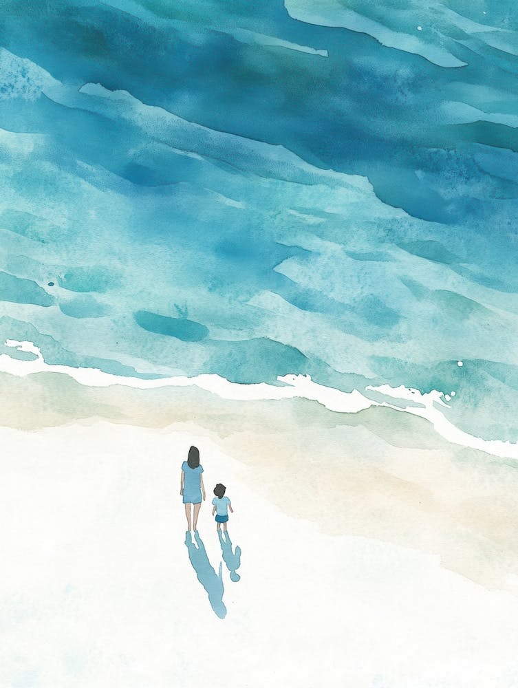 Watercolor Of A Family On The Beach