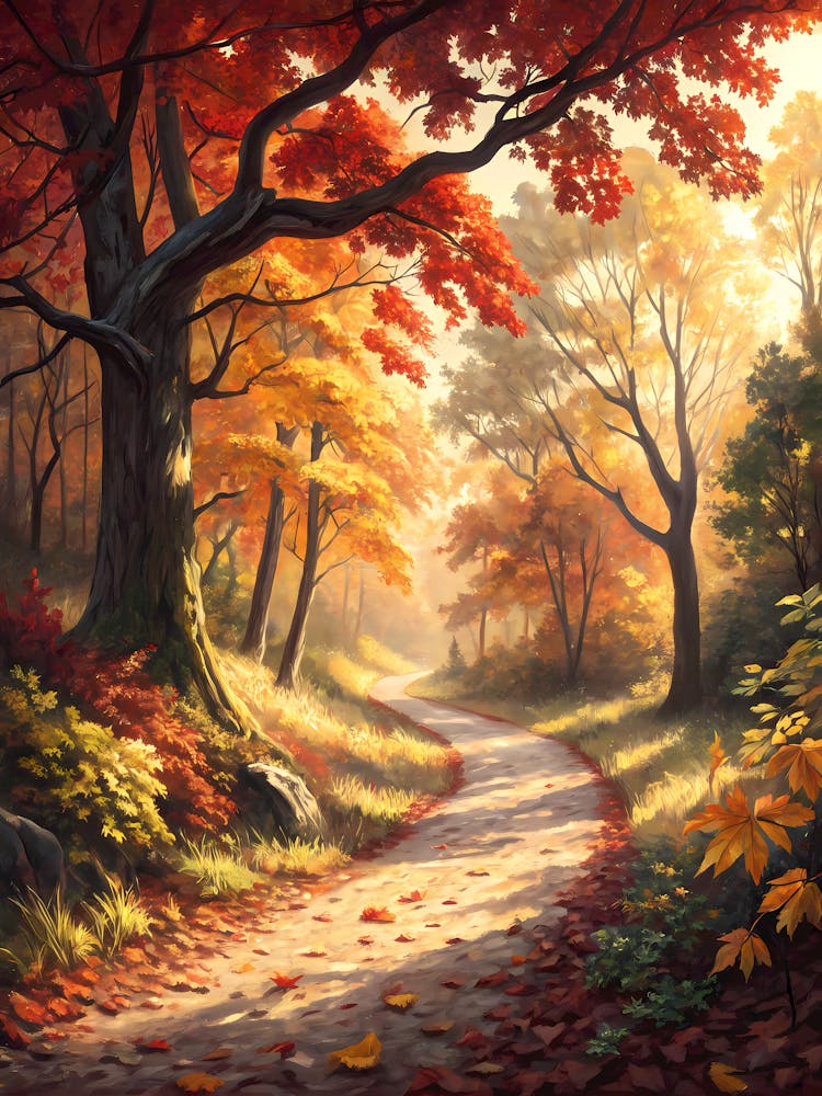 Oil Painting Style Golden Autumn Pathway Sunlit Forest Landscape