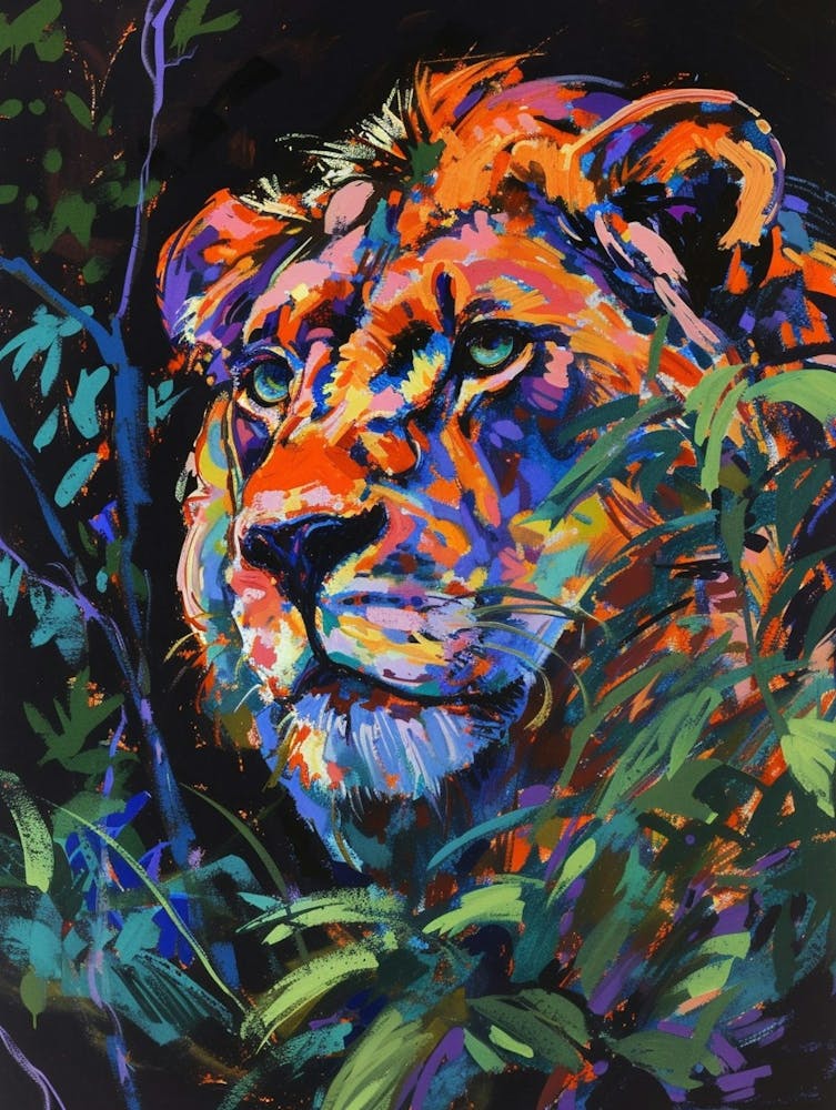 Asiatic Lion Night Hunt Fauvist Painting 1