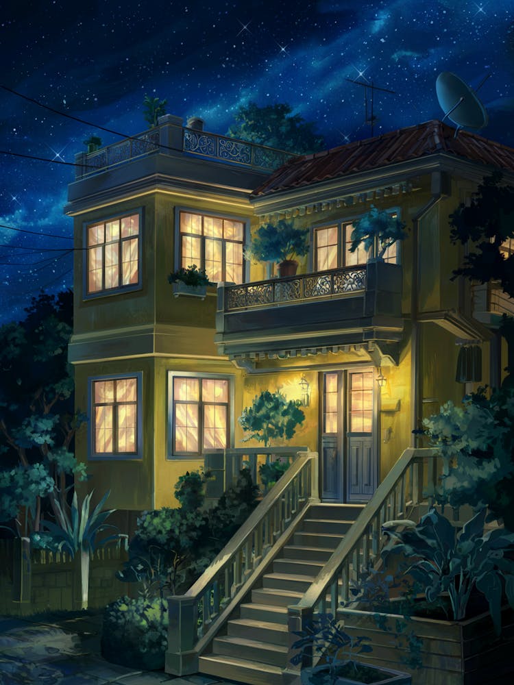 Art sur toile Anime : Maison jaune douillette la nuit avec fenêtres lumineuses et ciel étoilé, parfait pour les fans d'esthétique Lofi et de décoration urbaine tranquille.