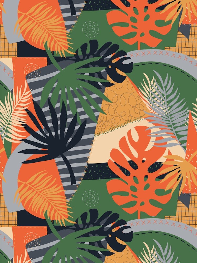 Tropische Sommerpflanzen Abstrakte Patchwork-Collage - Dunkelbunt