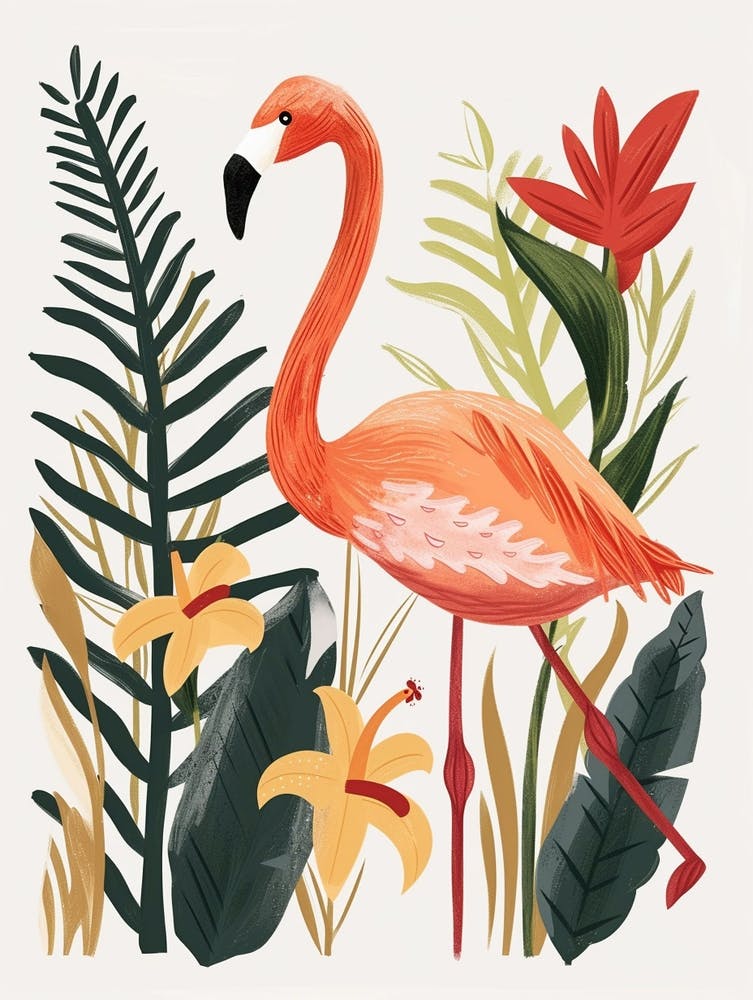 Andean Flamingo And Heliconia Minimalist Illustration 1
